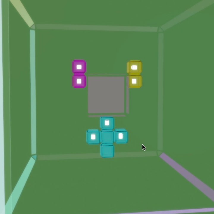 UJU gameplay: magenta, yellow and cyan cube pieces floating around a grey target slot inside a translucent green room