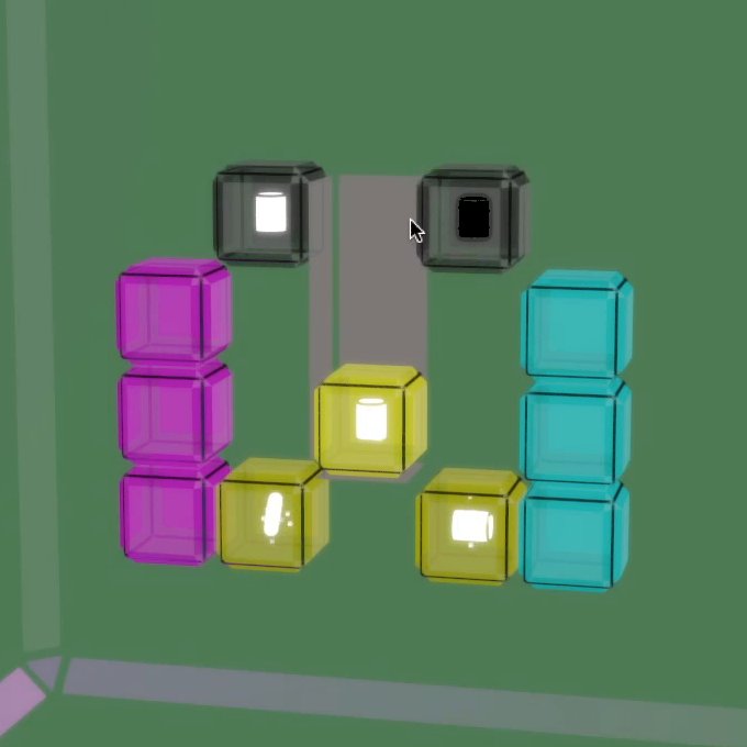 UJU gameplay: magenta, yellow, cyan and dark glowing cubes arranged around a central column in a green puzzle room